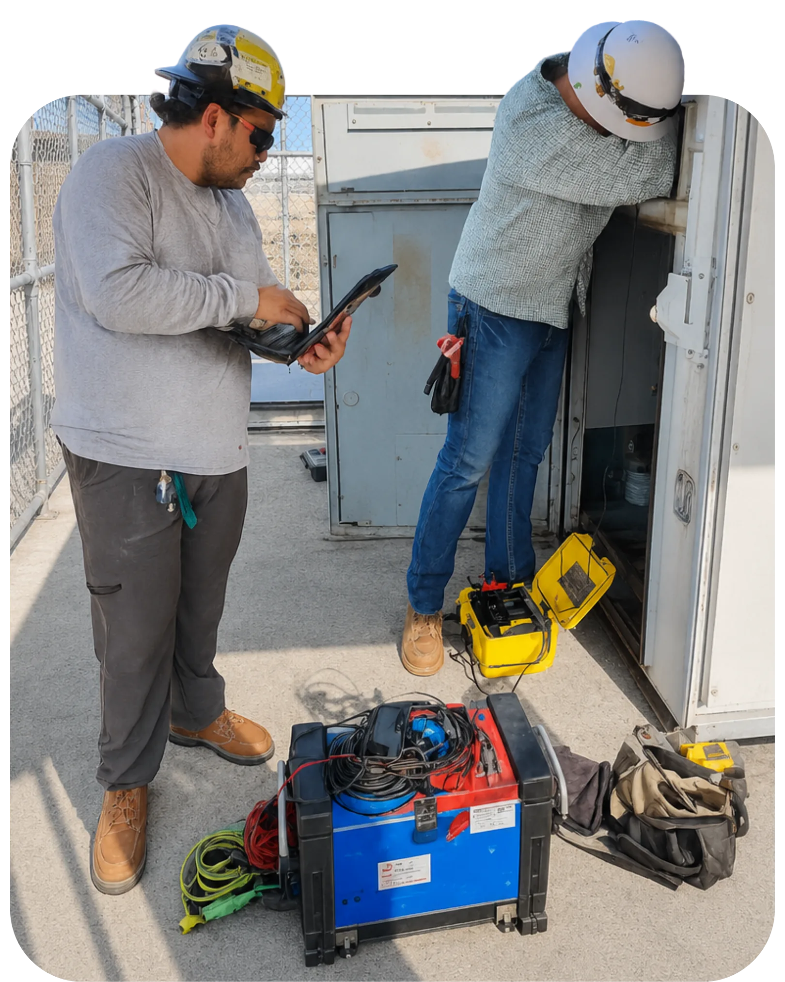 Two AMP technicians testing energized switchgear on site