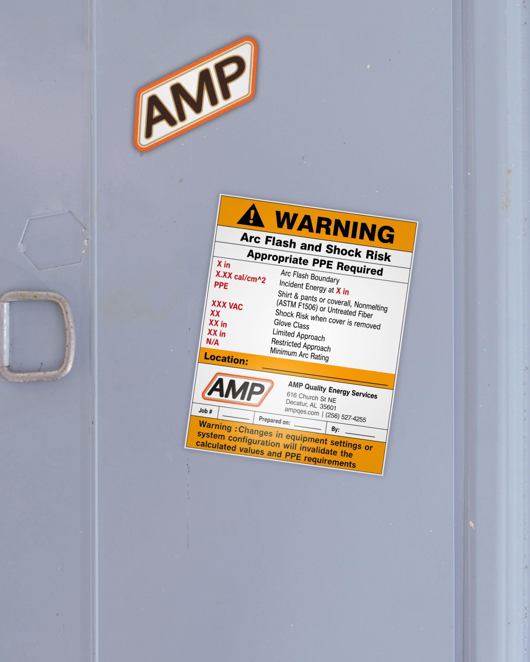 An AMP arc flash and shock risk warning label applied to an equipment door