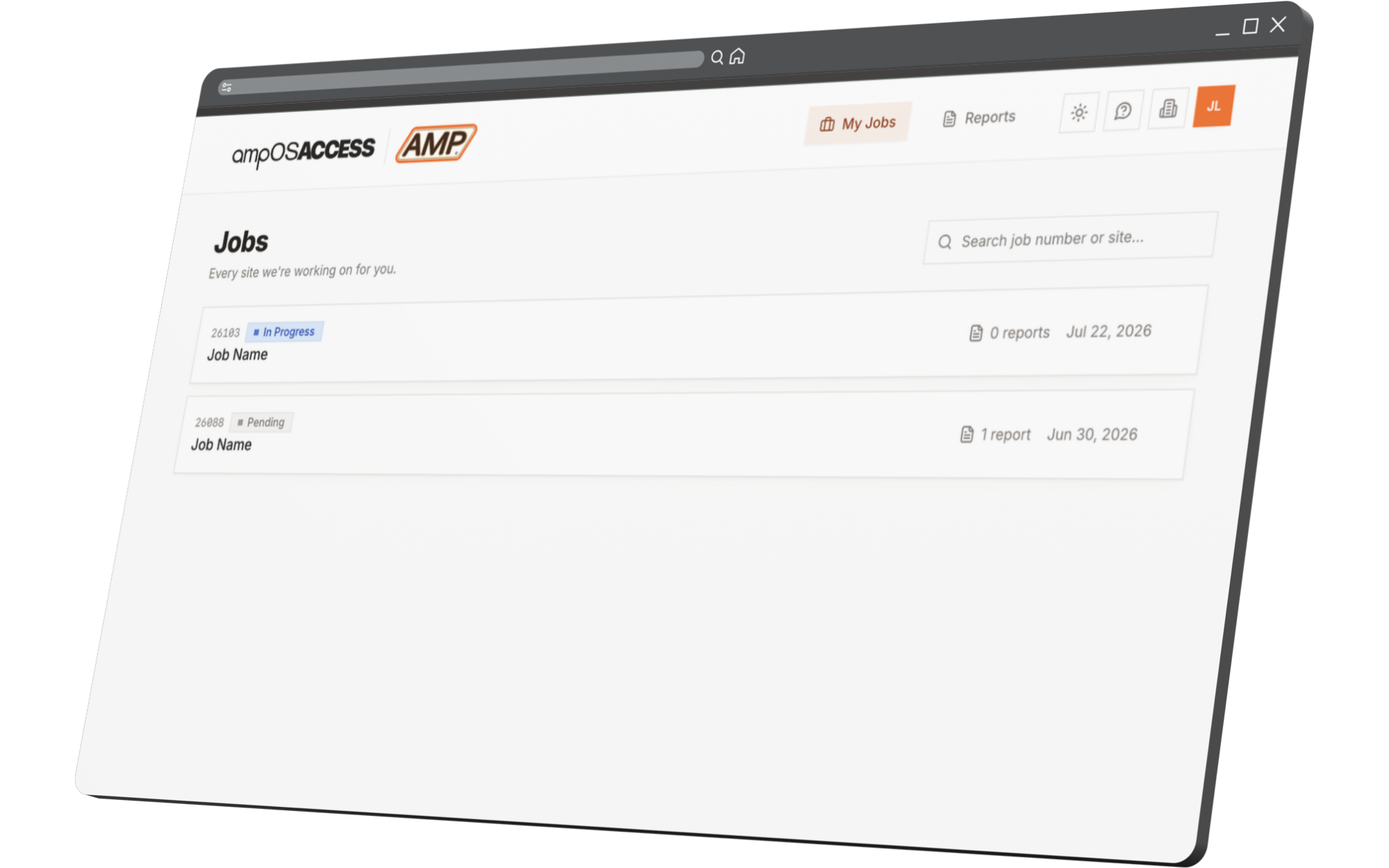 ampOS ACCESS client portal showing a list of fictional jobs