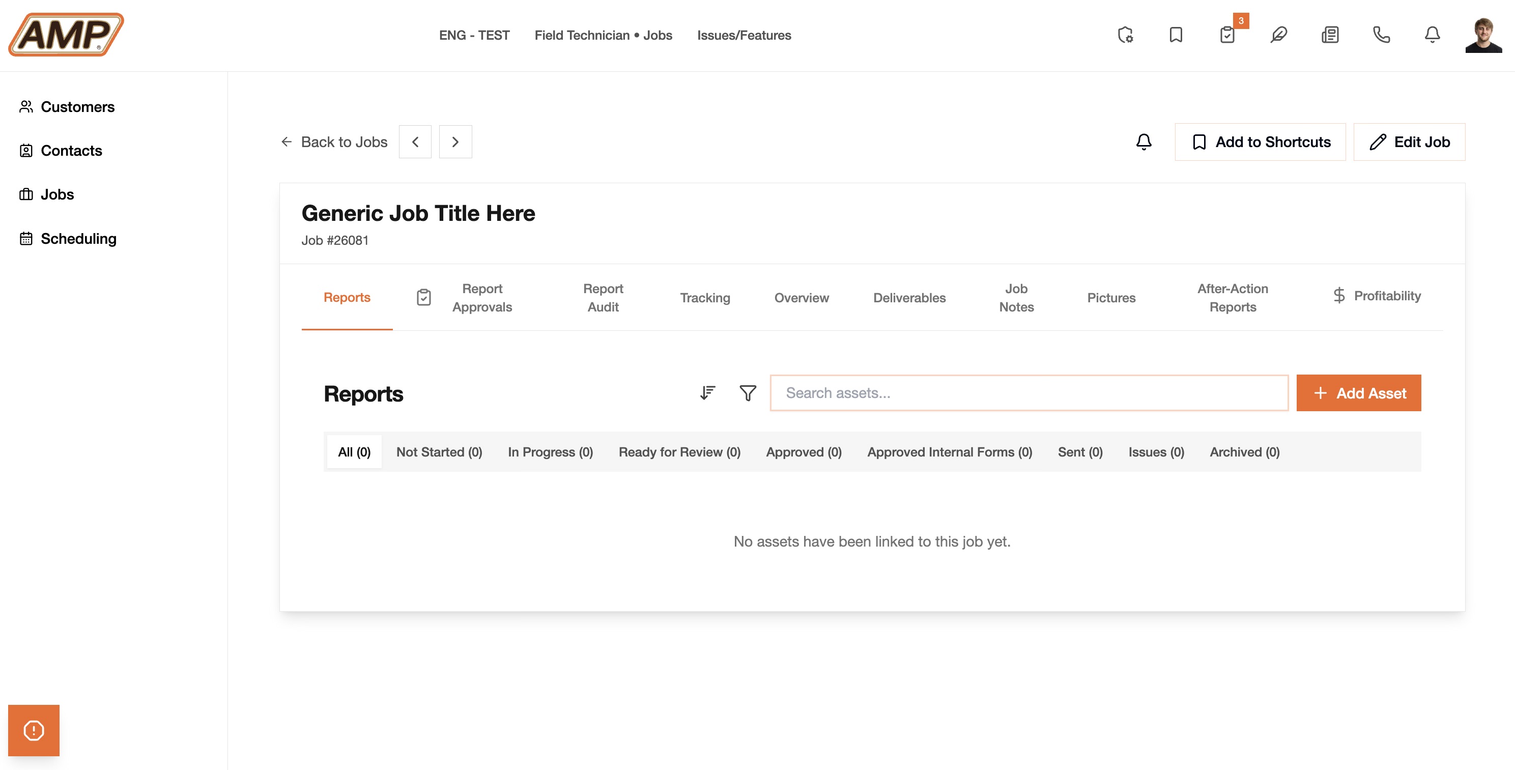 The internal ampOS job detail view, with tabs for reports, approvals, tracking, deliverables, and profitability, and reports grouped by review status
